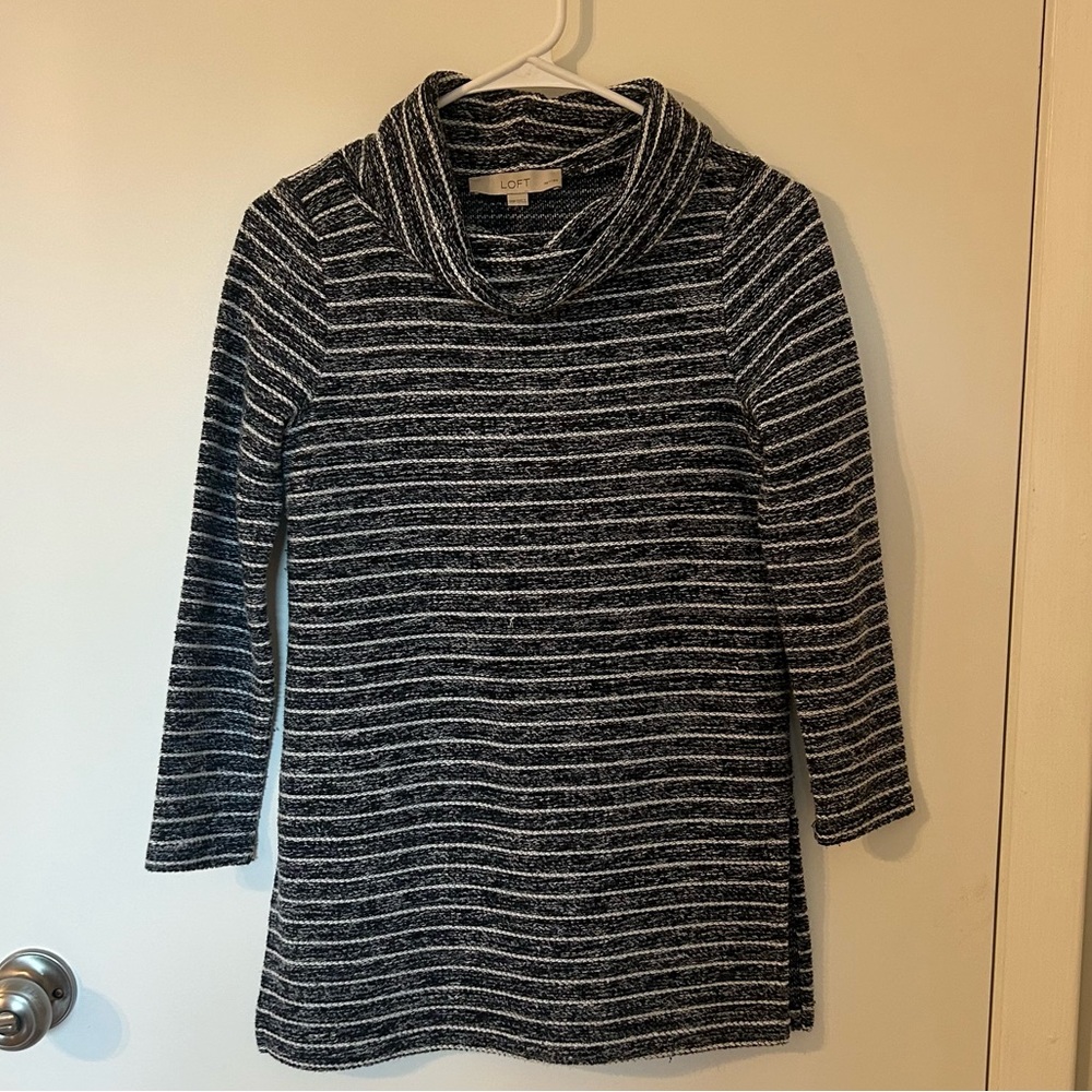 LOFT Blue & White Striped Cowl Neck Tunic Sweater